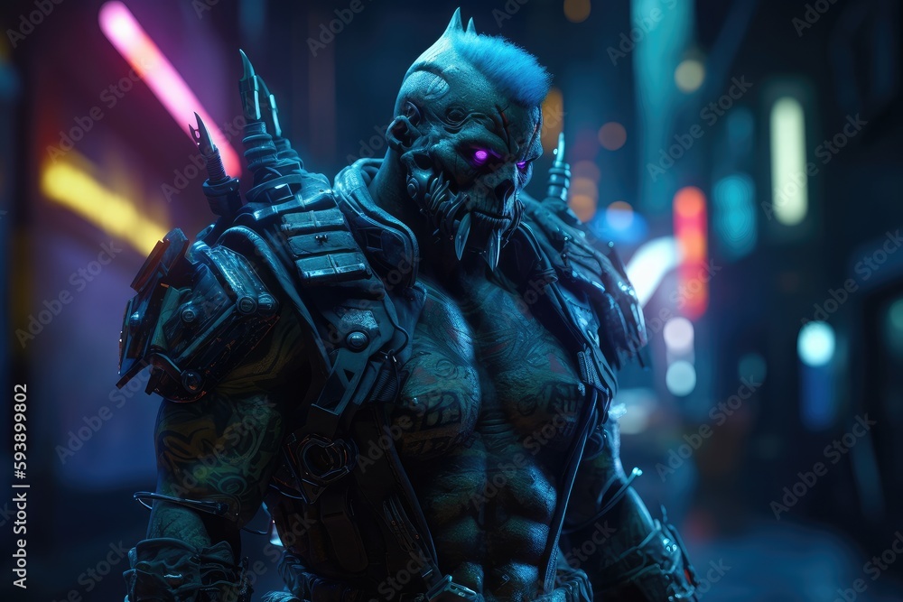 Neon Cyber Orc The Fierce Warrior A meanfaced cyberpunk orc in
