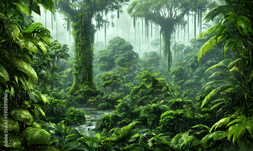 Green rainy rainforest with dark sky  wet palms  trees  leaves and fern plants  puddles and fog. Background design. illustration   digital painting  generative ai