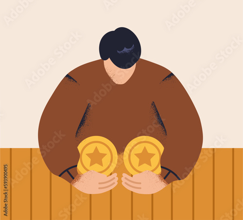 Money saving, stash concept. Stingy greedy person cheapskate concealing finance, coins. Miser protecting capital, concealing budget. Financial greed, abstract flat vector illustration photo