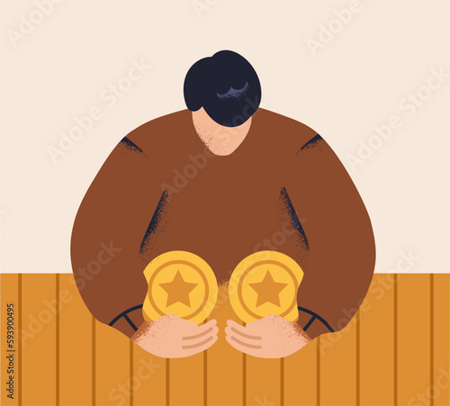 Money saving, stash concept. Stingy greedy person cheapskate concealing finance, coins. Miser protecting capital, concealing budget. Financial greed, abstract flat vector illustration