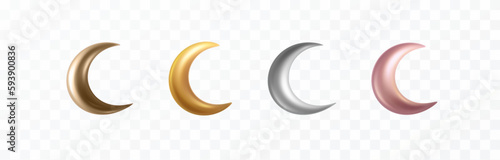 Gold foil, golden rose, silver, bronze half moon set isolated on transparent background. Yellow, pink, gray glossy elements decor. Vector 3d shiny metal crescents for Ramadan Kareem greeting card