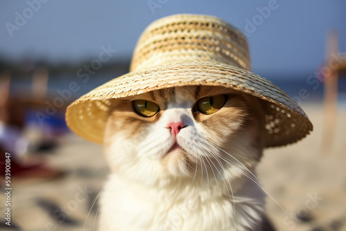 Cat wearing summer straw hat with blurry beach in background. Generative AI illustration