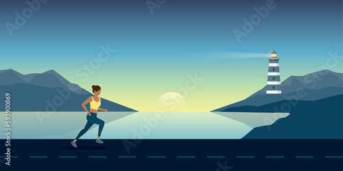 jogging girl on seascape outdoor sport summer holiday design