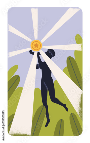 Concept esoteric card, person and coin, pentacle, treasure. Finance opportunity, chance, financial fortune metaphor. Secret mystic poster with man and aspiration to wealth. Flat vector illustration