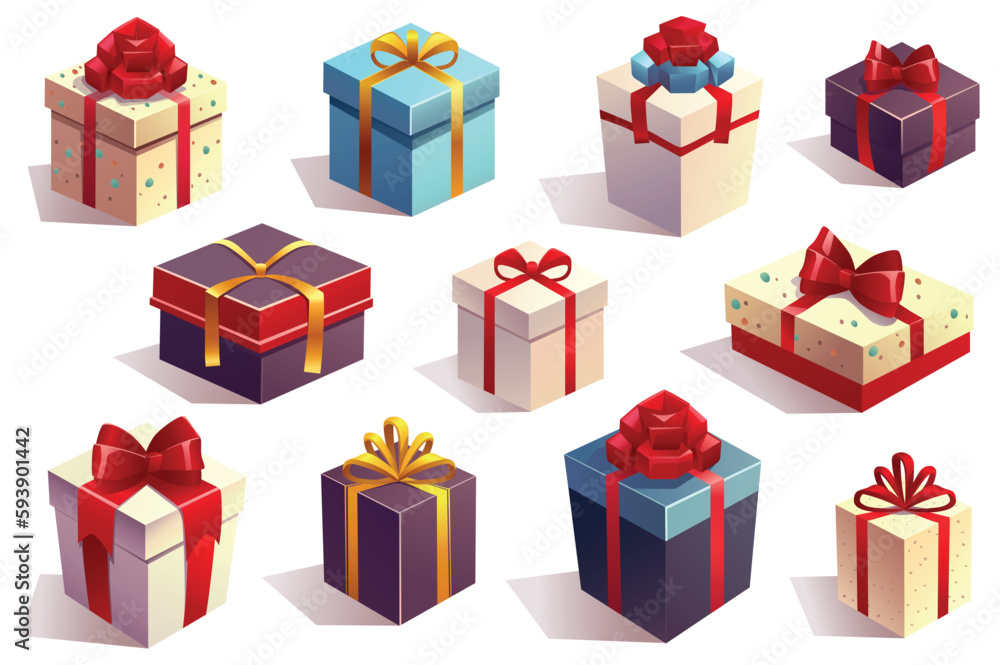 Concept Gifts. This flat cartoon design features a set of colorful and festive gifts, such as boxes, ribbons, and balloons, on a clean white background. Vector illustration. Concept Gifts. This flat cartoon design features a set of colorful and festive gifts, such as boxes, ribbons, and balloons, on a clean white background. Vector illustration.