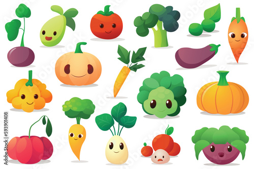 Concept Vegetables. This flat cartoon design depicts a set of different vegetables, such as tomatoes, carrots, and broccoli, in a stylized way on a white background. Vector illustration.