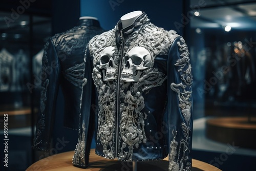 A jacket in blue color with a mysterious silver (white) embroidery is hanging on an exhibition stand, displaying a luxurious and high-end fashion design. Generative ai.