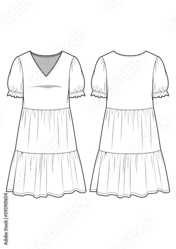 V-neck short puff sleeve with ruffle detail knee length tiered dress