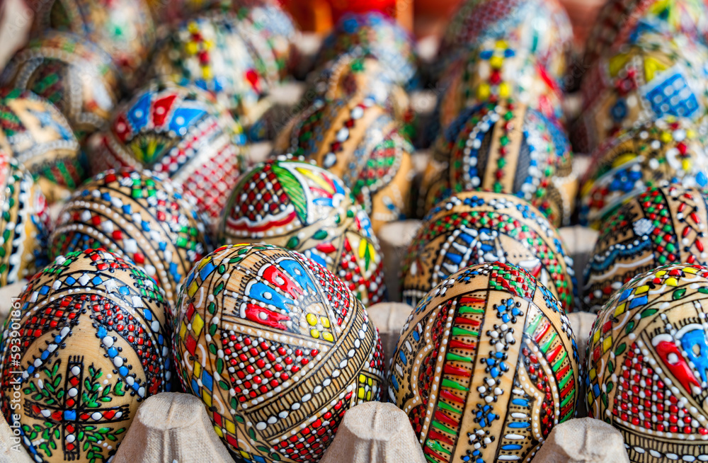 Colorful hand painted decorated Easter eggs. Romanian traditional decoration.