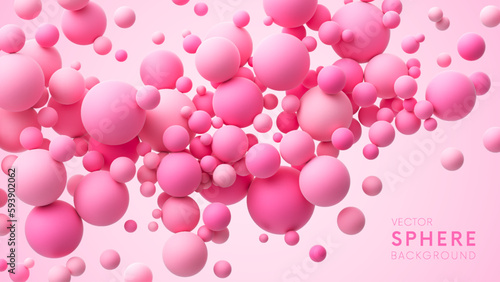 Pink matte soft chaotic balls in different sizes. Abstract composition with pink random flying spheres. Vector background