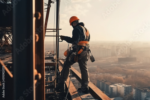 construction engineer worker at heights,architecture sci-fi construction working platform on top of building, suspended cables, fall protection and scaffolding installation photo