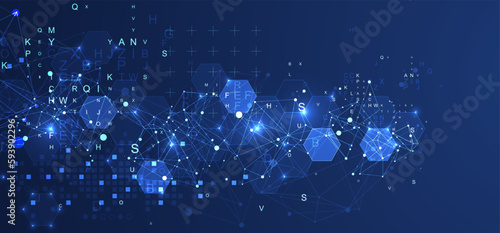 Abstract hexagon background with plexus effect and letters for design works.