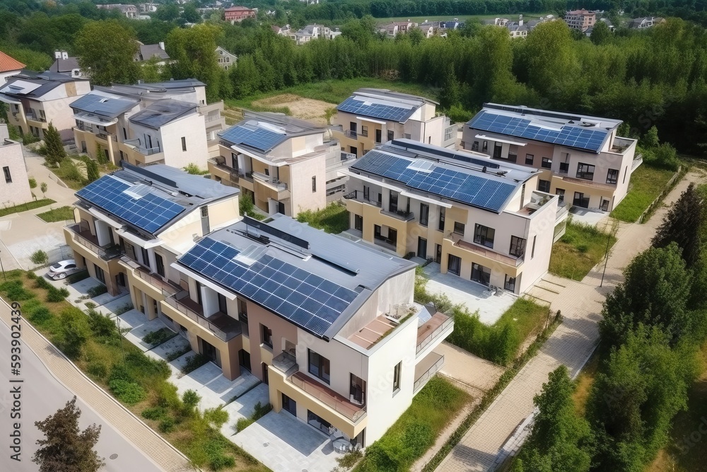 Fototapeta premium Houses with solar panels, drone view. Residential complex with solar energy system. Ecology friendly buildings. Generative ai
