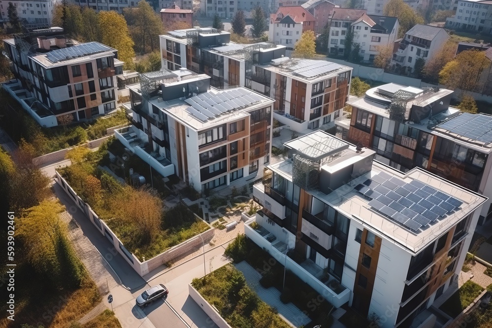Fototapeta premium Houses with solar panels, drone view. Residential complex with solar energy system. Ecology friendly buildings. Generative ai