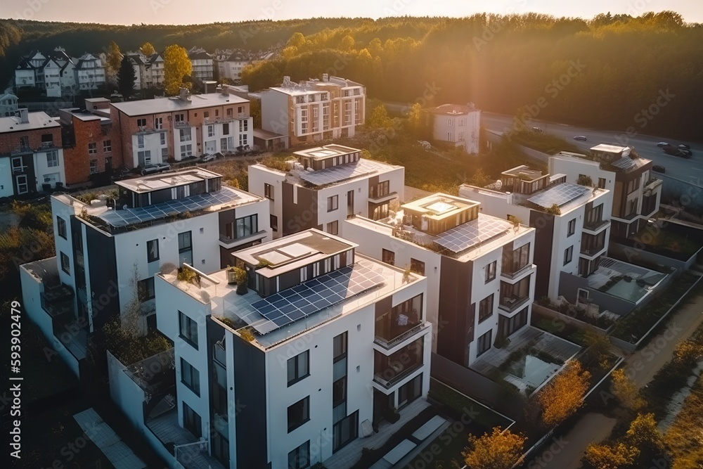 Fototapeta premium Houses with solar panels, drone view. Residential complex with solar energy system. Ecology friendly buildings. Generative ai