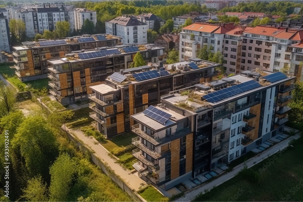 Houses with solar panels, drone view. Residential complex with solar energy system. Ecology friendly buildings. Generative ai Houses with solar panels, drone view. Residential complex with solar energy system. Ecology friendly buildings. Generative ai