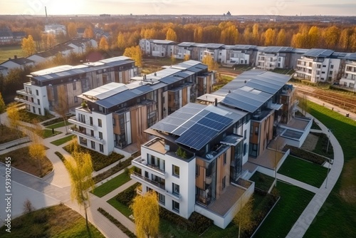 Houses with solar panels, drone view. Residential complex with solar energy system. Ecology friendly buildings. Generative ai © oleksii