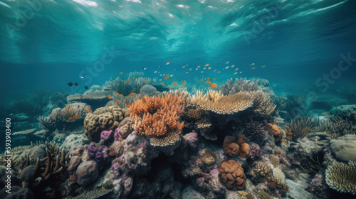 Fond marin, récif de corail multicolore dans mer tropicale © Sébastien Jouve