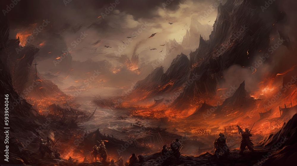 Hills with volcano mountain erupt, burn flaming lava, dark clouds and sky. Generative ai