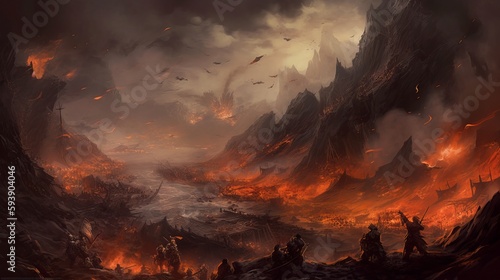 Hills with volcano mountain erupt, burn flaming lava, dark clouds and sky. Generative ai © Hendrikus