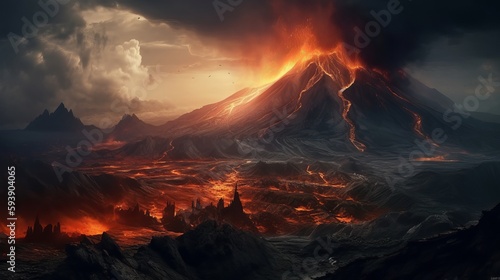 Volcano mountain with fire, burning lava and dark clouds. Generative ai