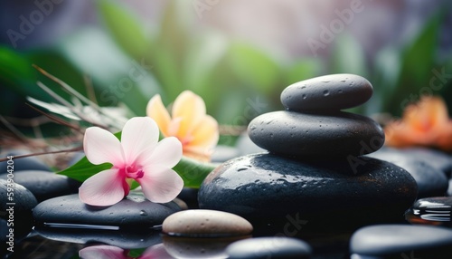 Multi color flowers mix of pebble stones and bokeh blurred green nature background spa environment Generative AI Illustration