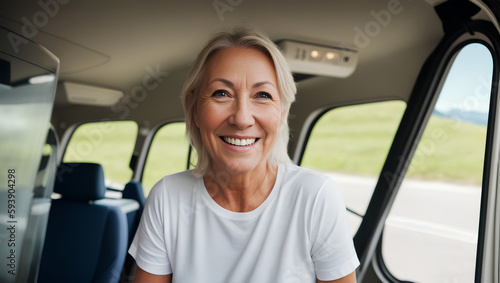 Portrait of happy woman with blond hair sitting in car camper on holidays. Generative AI © Dawid