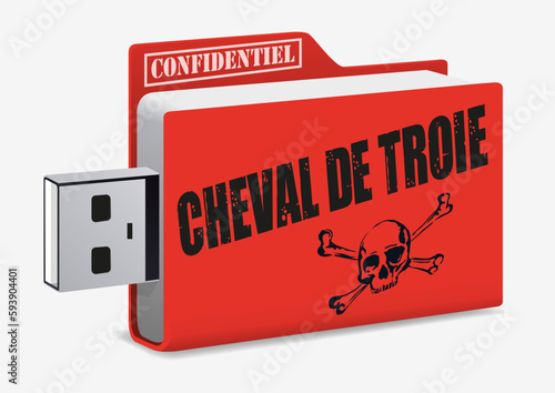 Concept du piratage informatique et de la cybercriminalité, avec une clé USB sur laquelle est écrit le mot, cheval de Troie.
