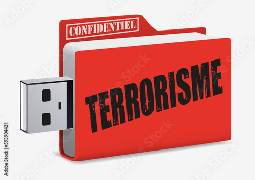 Concept des informations confidentielles dans la lutte anti-terroriste avec une clé USB sur laquelle est écrit le mot, terrorisme.