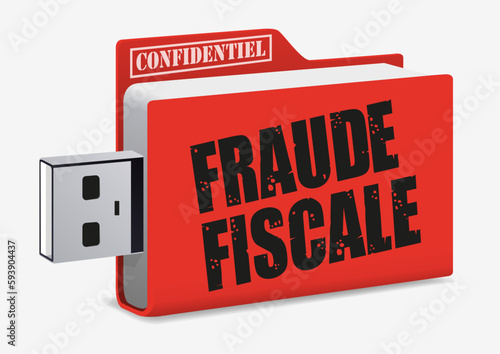 Concept de la finance et du détournement d’argent avec une clé USB sur laquelle est écrit, fraude fiscale.