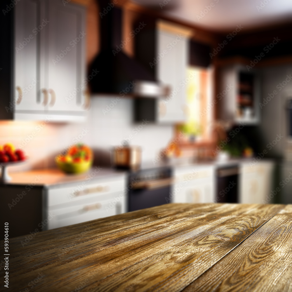 Wooden desk of free space and kitchen interior with firniture. Wooden desk of free space and kitchen interior with firniture.
