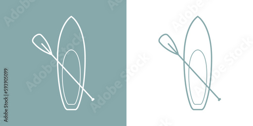 Logo club de paddle surf. Silueta lineal de tabla de paddle surf con remo cruzado	
