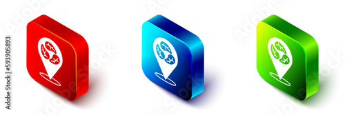 Isometric Vegan food diet icon isolated Isometric background. Organic, bio, eco symbol. Vegan, no meat, lactose free, healthy, fresh and nonviolent food. Red, blue and green square button. Vector