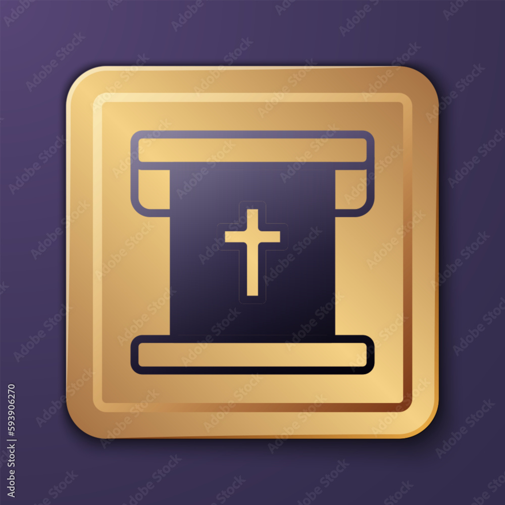 Purple Flag with christian cross icon isolated on purple background. Gold square button. Vector Purple Flag with christian cross icon isolated on purple background. Gold square button. Vector