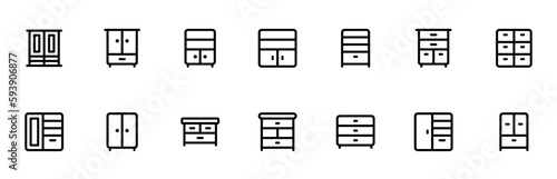 Drawer, cabinet, almirah, cupboard, chest of drawers, furniture icon vector set design with Editable Stroke. Line, Solid, Flat Line, thin style and Suitable for Web Page, Mobile App, UI, UX design.