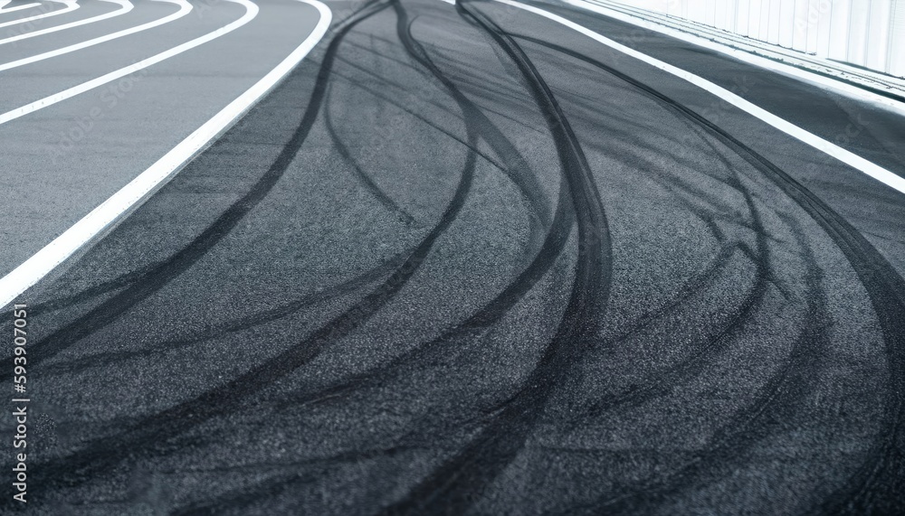 Abstract texture surface and background of car tire drift skid mark on road race track, Black tire mark on street race track, Automobile and automotive concept - obrazy, fototapety, plakaty 