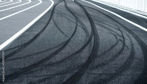 Abstract texture surface and background of car tire drift skid mark on road race track, Black tire mark on street race track, Automobile and automotive concept