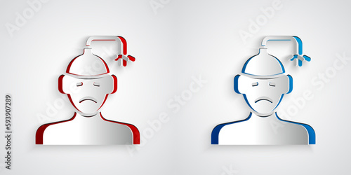 Paper cut Concussion, headache, dizziness, migraine icon isolated on grey background. Paper art style. Vector