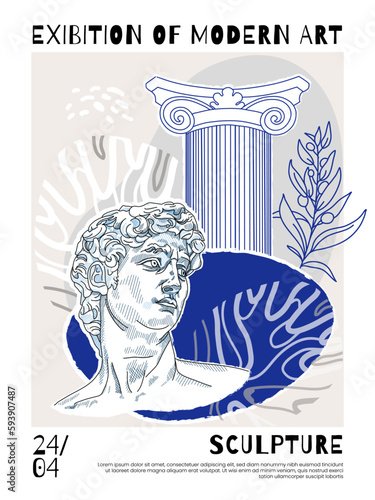 Creative flyer or poster concepts with abstract geometric shapes and human silhouettes on bright background. Roman and Greek vector illustration. Art posters for the exhibition, magazine or cover