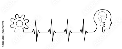 Editable line heart rhythm designwith human head, lightbulb, gear, heartbeat line vector design to use in healthcare, business, healthy lifestyle, medicine and ekg concept illustration projects. 