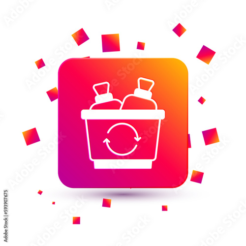 White Recycle bin with recycle symbol icon isolated on white background. Trash can icon. Garbage bin sign. Recycle basket sign. Square color button. Vector