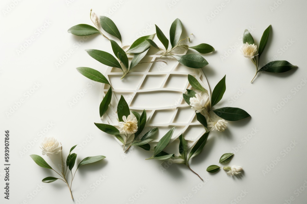 Creative flat lay spring composition with flowers, leaves and geometrical patterns. AI generated image.