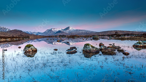 A beautiful spring morning at Lochan na h-Achlaise, Rannoch Moor, Highlands of Scotland, with the Black Mount in the distance. photo