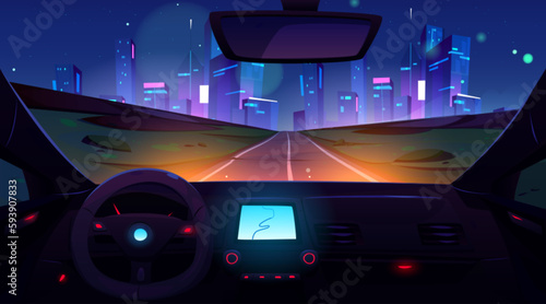 Car drive night road to city cartoon illustration. Cockpit inside view interior with dashboard vector. Street neon light in futuristic downtown architecture. Empty unmanned vehicle navigation