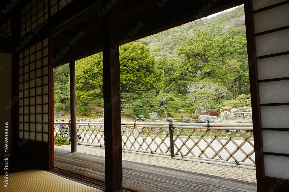 Japanese Garden from Traditional Japanese House Window at Ritsurin Garden Park in Takamatsu, Kagawa, Japan - 日本 香川 高松 栗林公園 日本庭園 日本家屋からの景色 Japanese Garden from Traditional Japanese House Window at Ritsurin Garden Park in Takamatsu, Kagawa, Japan - 日本 香川 高松 栗林公園 日本庭園 日本家屋からの景色