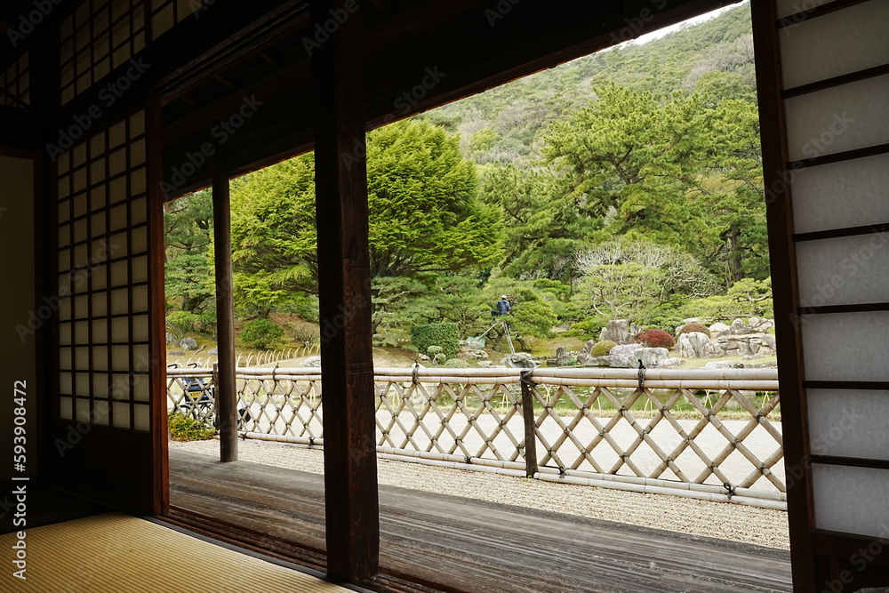 Japanese Garden from Traditional Japanese House Window at Ritsurin Garden Park in Takamatsu, Kagawa, Japan - 日本 香川 高松 栗林公園 日本庭園 日本家屋からの景色 Japanese Garden from Traditional Japanese House Window at Ritsurin Garden Park in Takamatsu, Kagawa, Japan - 日本 香川 高松 栗林公園 日本庭園 日本家屋からの景色