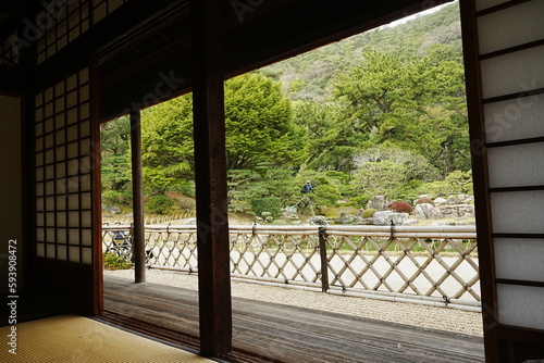 Japanese Garden from Traditional Japanese House Window at Ritsurin Garden Park in Takamatsu, Kagawa, Japan - 日本 香川 高松 栗林公園 日本庭園 日本家屋からの景色