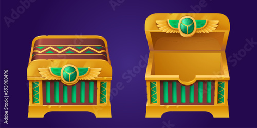 Closed and open Egyptian treasure chest set isolated on background. Vector cartoon illustration of ancient golden safe box decorated with wings sign and green gem stone. Adventure game ui props