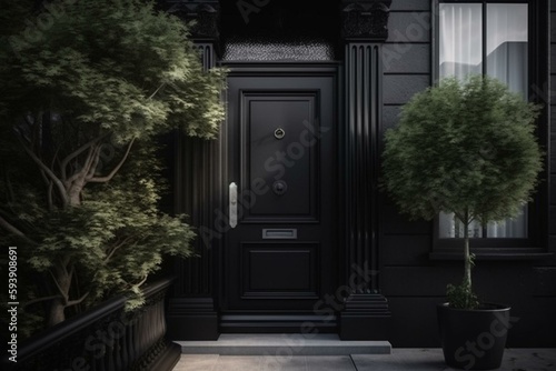 Black front door of black house with trees. Generative AI