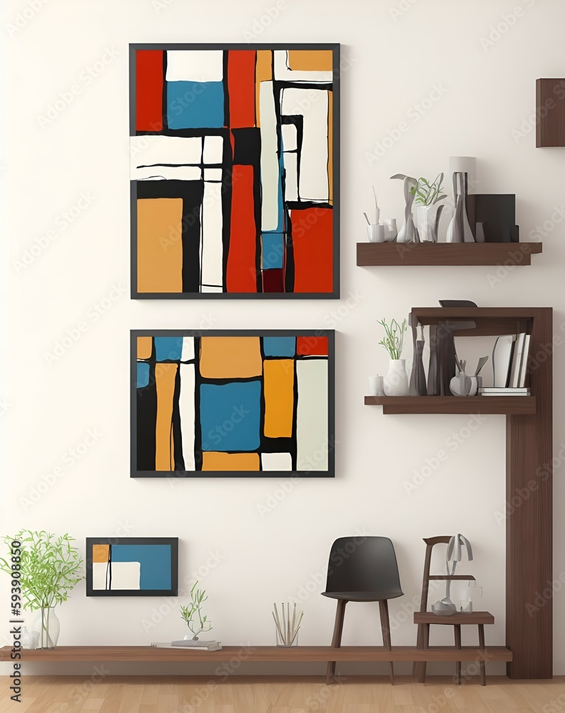 Photo of a cozy living room with two stunning paintings on the wall Photo of a cozy living room with two stunning paintings on the wall